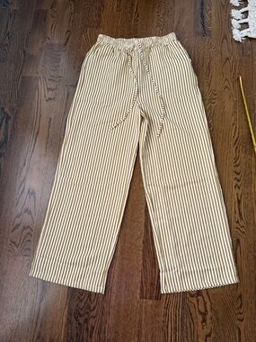 Striped Wide-Leg Drawstring Pants - tan and cream large